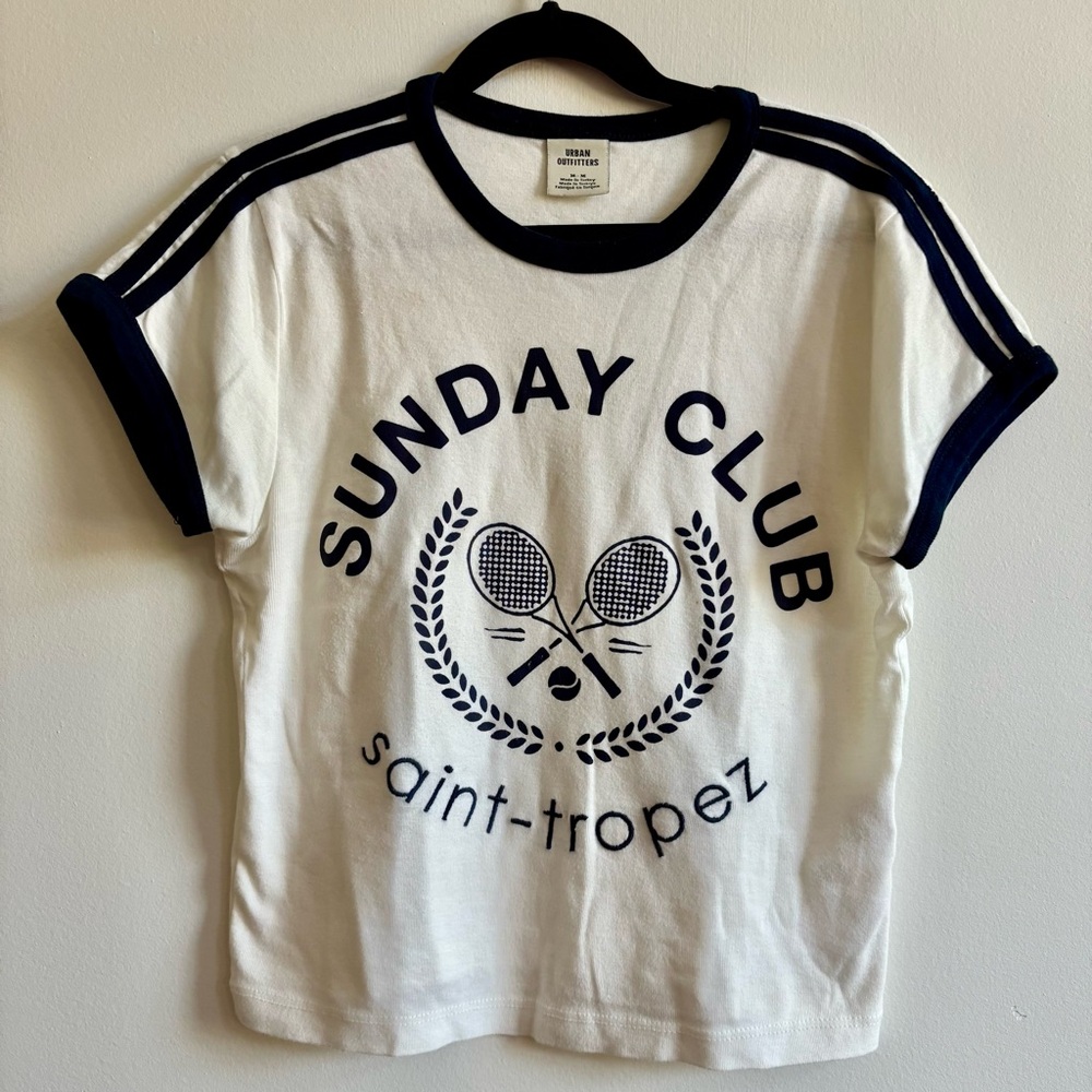 Urban Outfitters White and Navy Blue Baby Tee